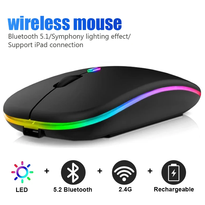 Безжична мишка с Bluetooth за компютър, КОМПЮТЪР, лаптоп, таблет iPad с RGB подсветка, мишка, ергономична акумулаторна USB мишка за геймъри