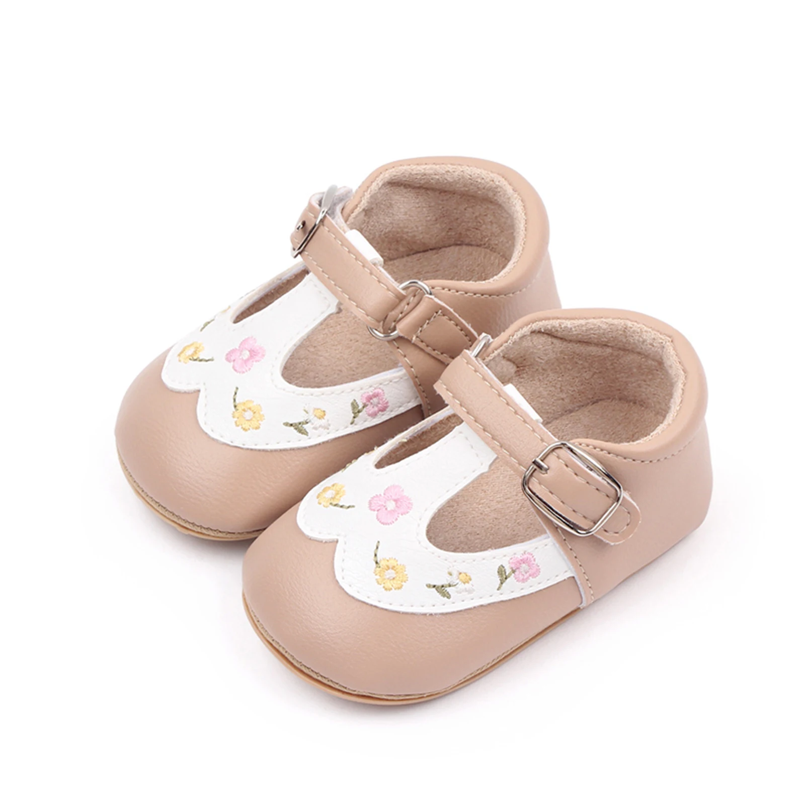 listenwind/Обувки за новородените Момичета 0-18 м; Обувки от Изкуствена кожа с бродерия на Цветя, На Равна подметка; Нескользящая Обувки на Принцеси За Деца