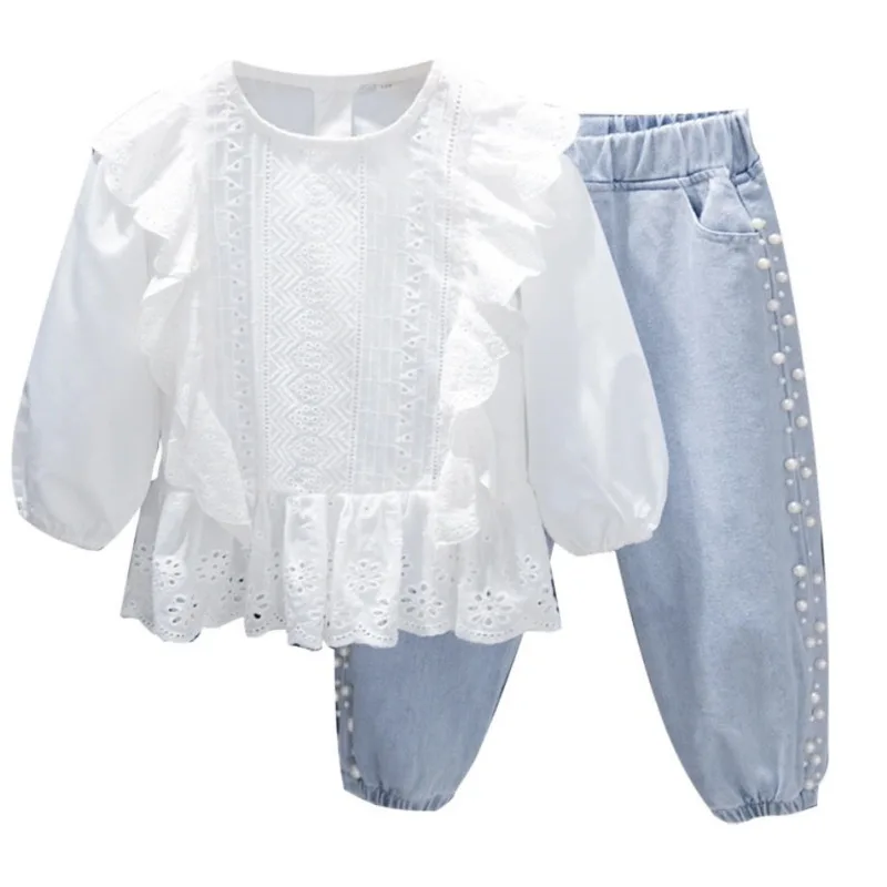Пролетно-есенен нов костюм за момичета, дантелен потник, риза, модни дънки, всекидневни комплект бебешки дрешки, блуза, дрехи за малките момичета