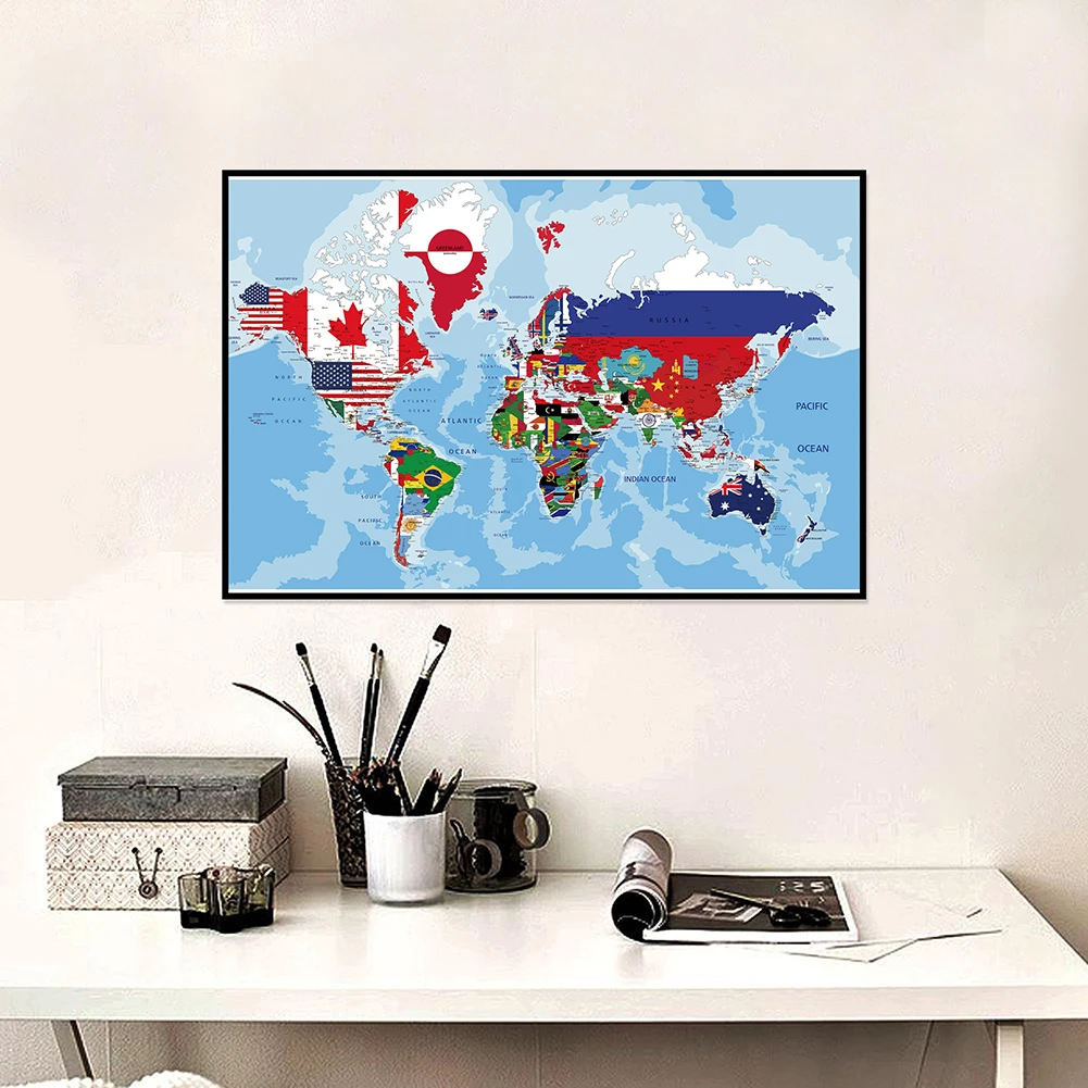 59*42 см Плакати с карта на света, стенно художествено изображение на знаме, карта, тъкан, платно, живопис, декорация за дома в хола, без рамка