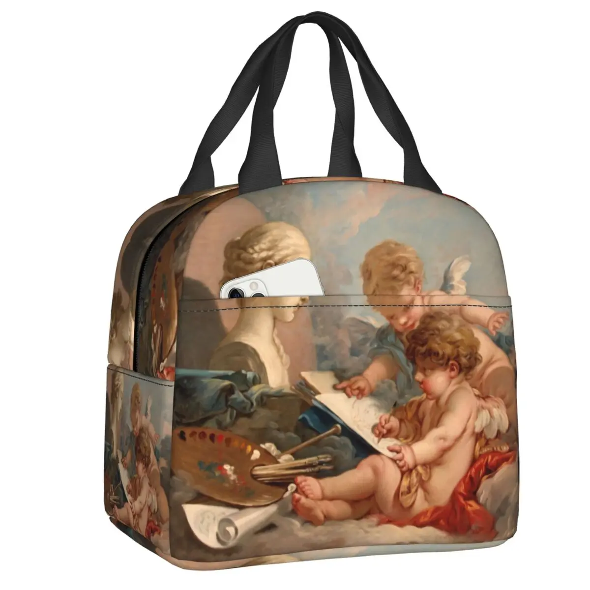 Чанта за обяд в Ренесансов стил с ангел-херувимом, женствена чанта за обяд в стила на Буш Рококо, преносима топло er, термосумка за обяд, контейнер-тоут